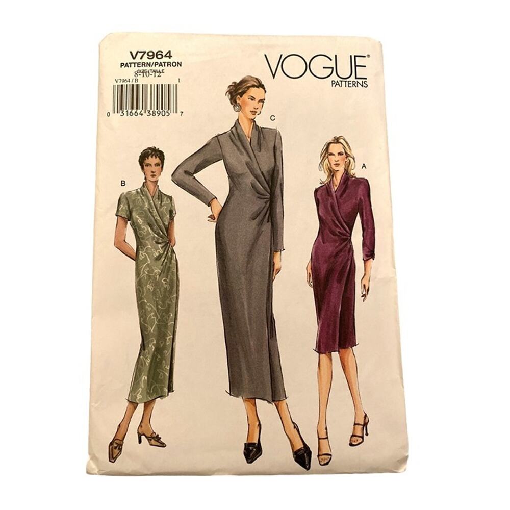 Sewing Pattern Vogue V7964 Mock Wrapped Semi-Fitted Dress Size: 8-10-12